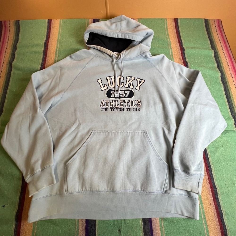 Vintage Lucky Brand Hoodie Mens XL Blue Athletics Graphic Raglan Pullover BB73